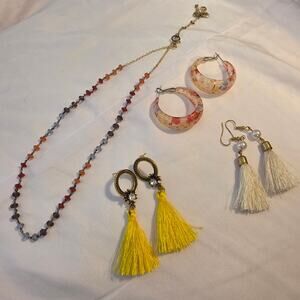 Fossil Multicolor Beaded Necklace + 3 Pair Boho Statement Earrings Lot
